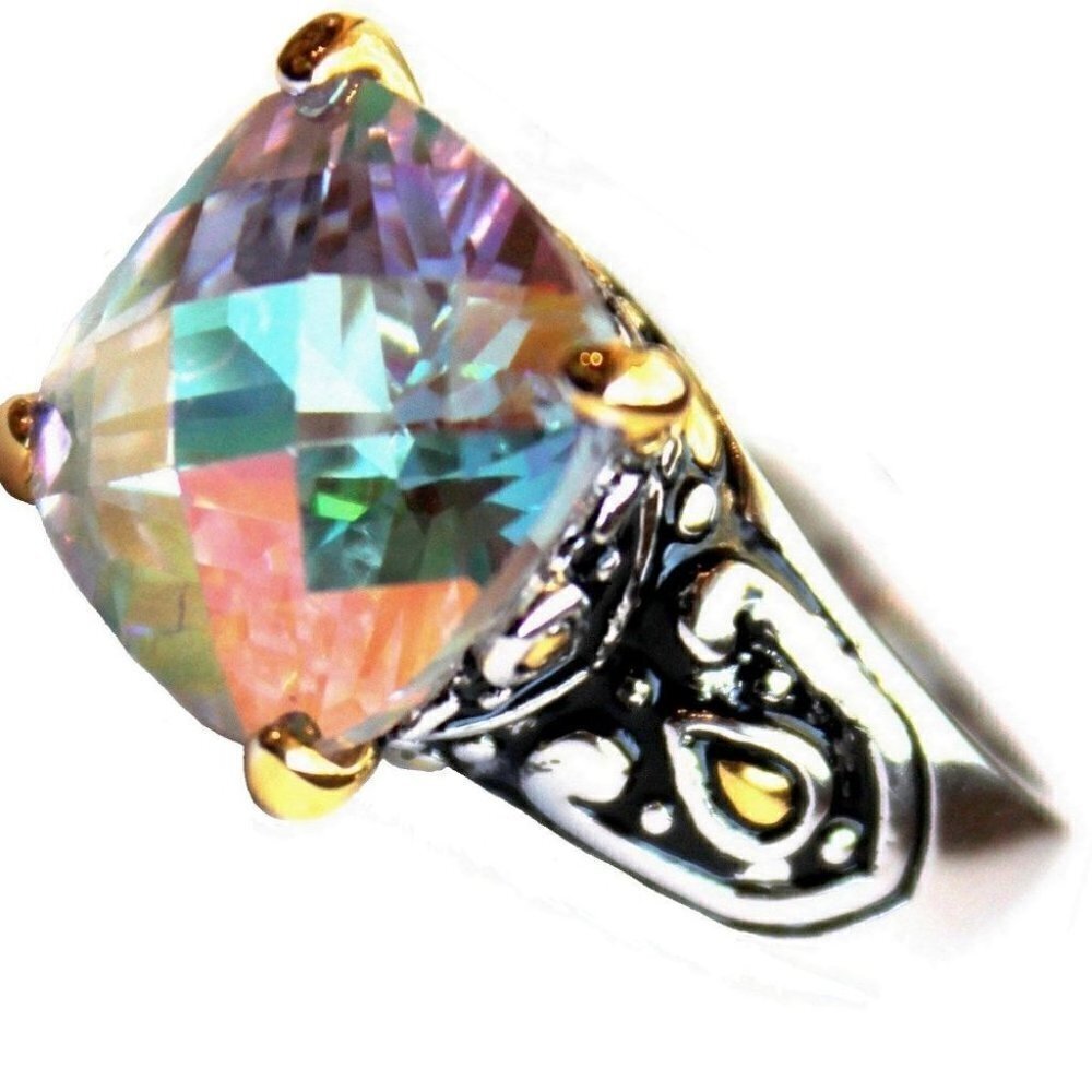 Womens Two Tone Gods Fire Throne Room Aurora Borealis AB Rainbow Ice CZ Ring 6